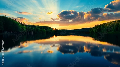 Wallpaper Mural Serene Sunset Over Tranquil Lake Reflection of Vibrant Colors, Clouds, and Natures Beauty with Trees Framing Water in Peaceful Landscape. Torontodigital.ca