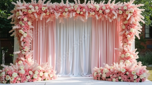 Stunning Pink & White Floral Wedding Backdrop with Draped Curtains