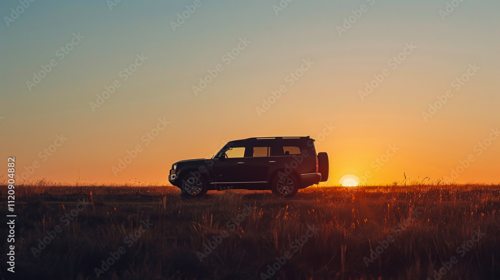 Fototapeta premium Sports utility vehicle parked in a field against a clear sky during dusk.