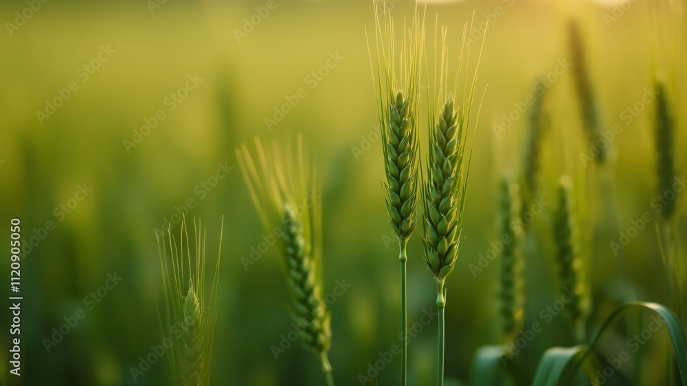 Close-up Cinematic Still, Lush Green Wheat Field, Young Wheat Ears Ready for Harvest, Rural Beauty and Abundance Close-up Cinematic Still, Lush Green Wheat Field, Young Wheat Ears Ready for Harvest, Rural Beauty and Abundance