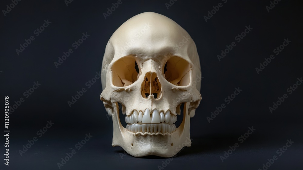 Fototapeta premium Front-facing human skull with precise detailing, illuminated to emphasize its contours and texture on a black background.