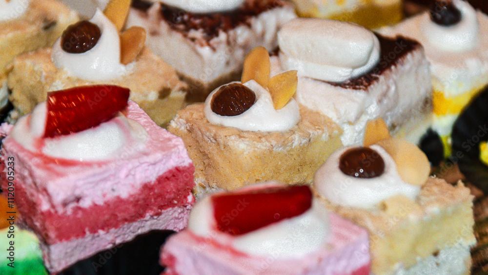 Appetizing array of mini cakes featuring creative combinations of flavors and toppings, sure to satisfy any sweet tooth Appetizing array of mini cakes featuring creative combinations of flavors and toppings, sure to satisfy any sweet tooth