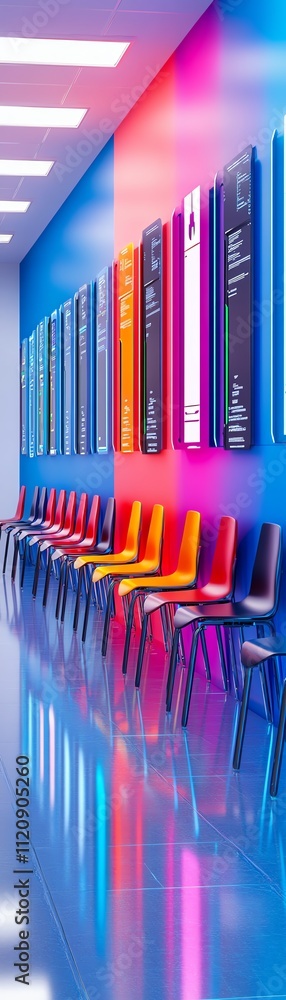 Vibrant hallway with colorful chairs and modern design, reflecting a sleek architectural style. Vibrant hallway with colorful chairs and modern design, reflecting a sleek architectural style.