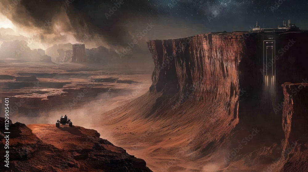 Fototapeta premium Martian Rover Explores Canyon Near Alien Base