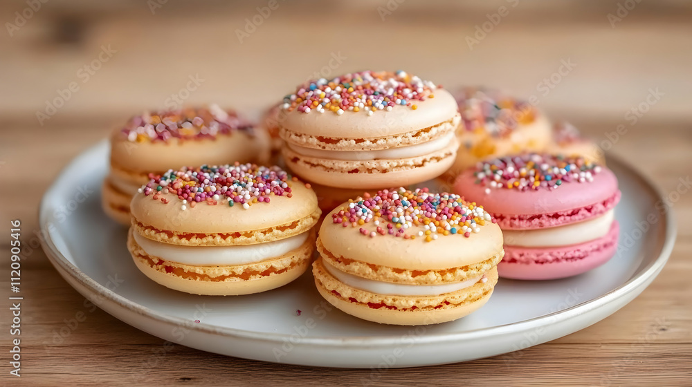 Colorful Sprinkles Macarons on a White Plate Colorful Sprinkles Macarons on a White Plate