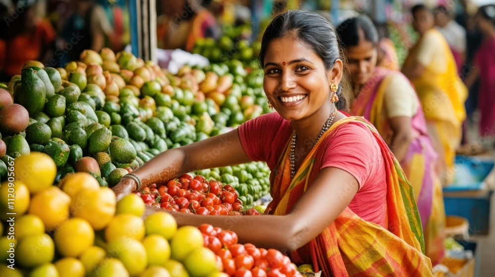Indian employees in a supermarket's fruit section, smiling and arranging fresh fruits in colorful displays Indian employees in a supermarket's fruit section, smiling and arranging fresh fruits in colorful displays