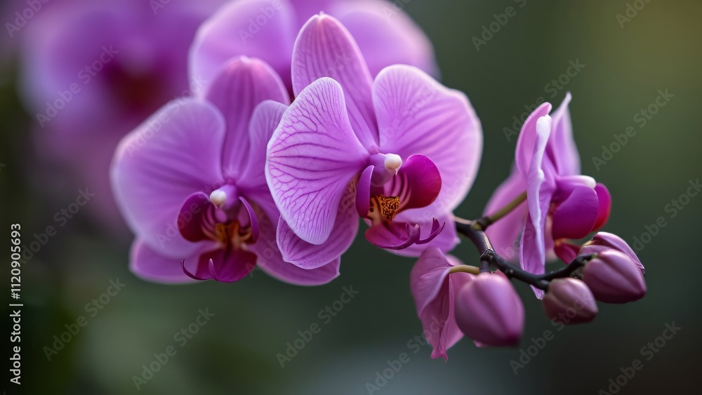 Obraz premium Stunning Close-up of Purple Orchid Flowers on Outstretched Stem, Delicate Petals and Vibrant Hues, Detailed Macro Photography, Botanical Beauty, Floral Art, Nature's Masterpiece
