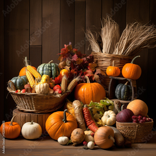 A beautiful Thanksgiving still life featuring pumpkins, a star, and autumn decorations, with ample copyspace for text.

 photo