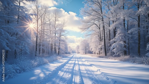 Wisconsin Winter Wonderland, Sunlit Snowy Forest Trail, Perfect for Skiing or Biking
