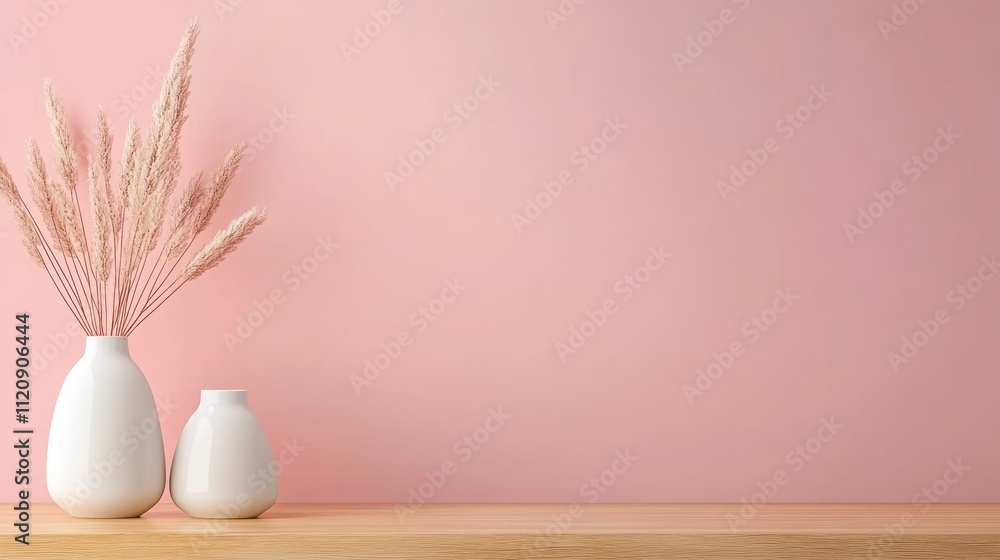 A serene arrangement of white vases with dried flowers against a soft pink wall, creating a calm and stylish atmosphere. A serene arrangement of white vases with dried flowers against a soft pink wall, creating a calm and stylish atmosphere.