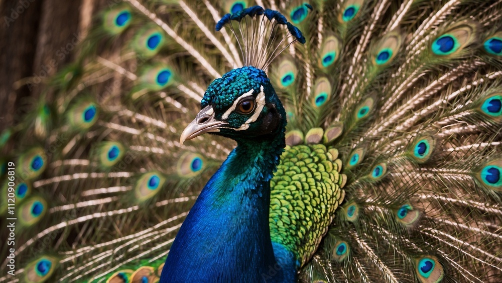 Fototapeta premium peacock with feathers out, beautiful plumage