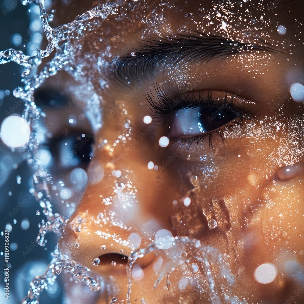 Fototapeta premium Close-up of a person face with water splashing across their skin in slow motion. The droplets are captured mid-air, creating a dynamic and refreshing feel. The lighting enhances the shine and texture 