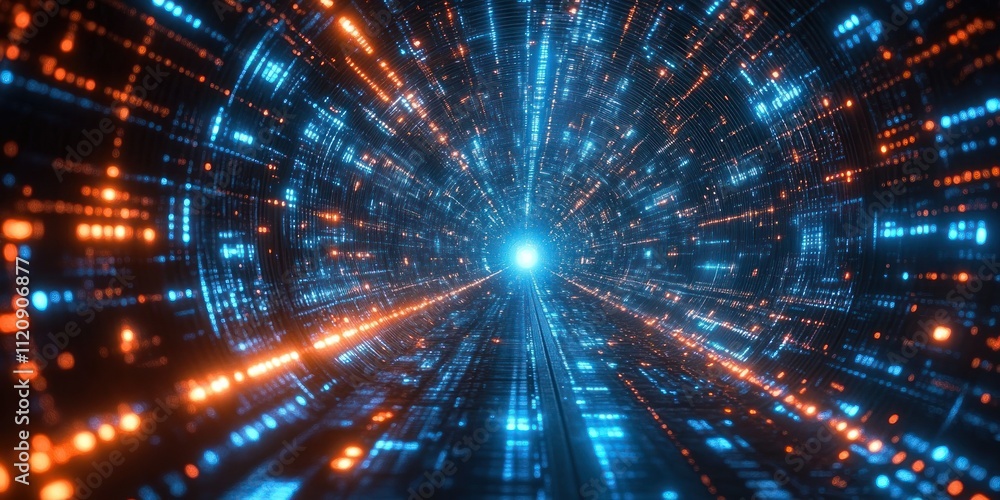 Futuristic Tunnel of High Speed Data Transfer and Connection with Dynamic Lighting in Cyberpunk Style Futuristic Tunnel of High Speed Data Transfer and Connection with Dynamic Lighting in Cyberpunk Style
