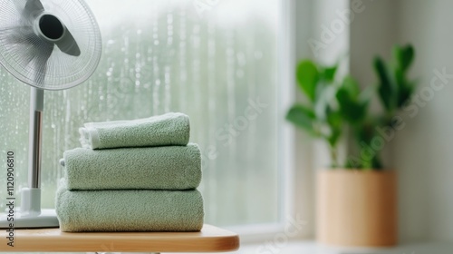 A serene bathroom scene featuring stacked green towels, a fan, and a plant, with rain gently falling outside the window.