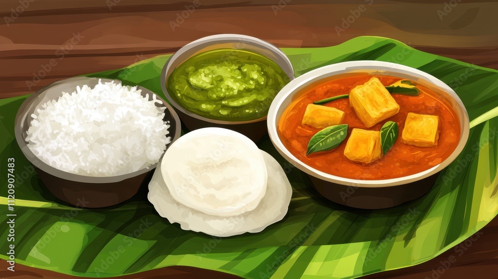 South Indian breakfast served on banana leaf: soft idlis, steaming sambar, and tangy coconut chutney, vibrant and healthy meal. South Indian breakfast served on banana leaf: soft idlis, steaming sambar, and tangy coconut chutney, vibrant and healthy meal.