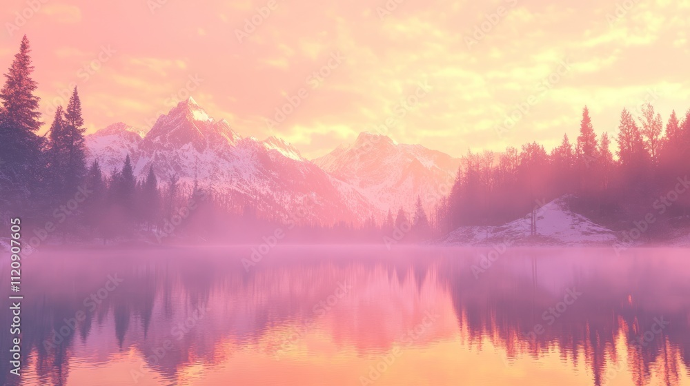 Serene Pink Sunset Over Misty Mountain Lake Serene Pink Sunset Over Misty Mountain Lake