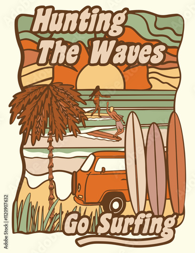 hand drawn beach summer theme surfing adventure palm tree hunting the waves slogan art illustration for t shirt, tee shirt graphic, placement print, vector artwork photo