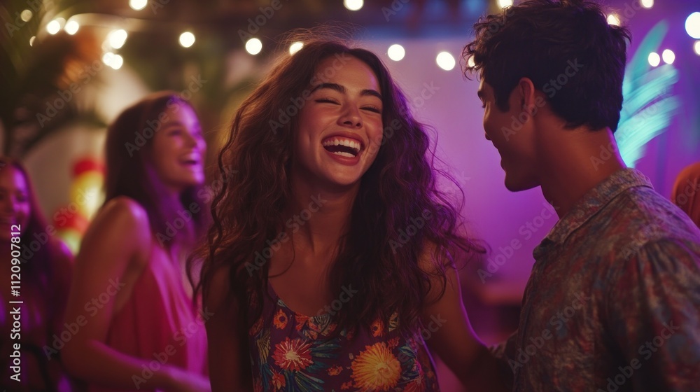 Happy Couple Laughing At Outdoor Night Party Happy Couple Laughing At Outdoor Night Party
