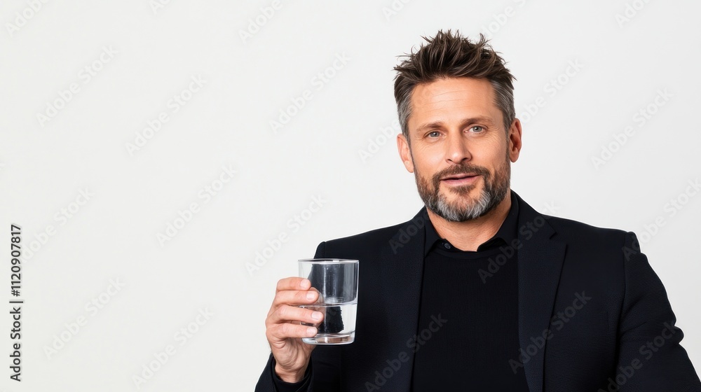A man in a suit holding a glass of water, smiling at the camera. A man in a suit holding a glass of water, smiling at the camera.