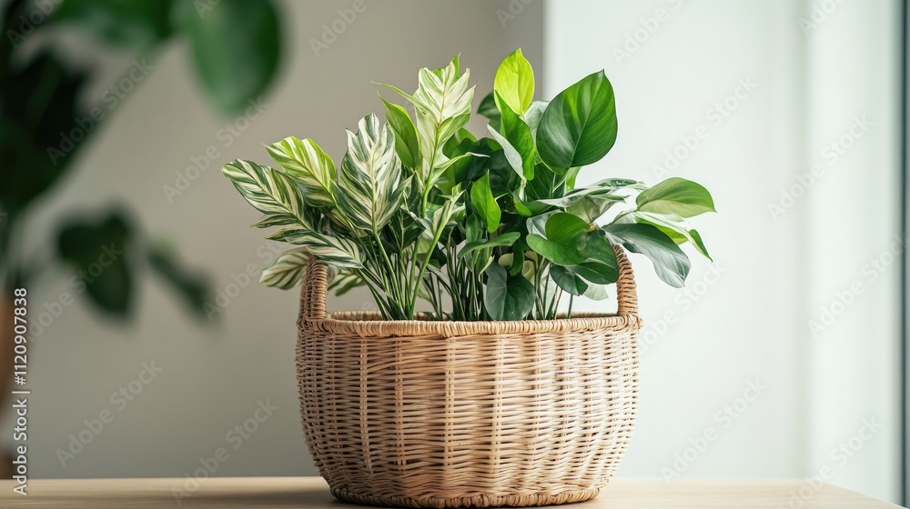 Two potted houseplants in a wicker basket on a table. Two potted houseplants in a wicker basket on a table.