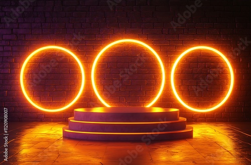 A podium illuminated by soft yellow neon lights, encased by round glowing frames photo