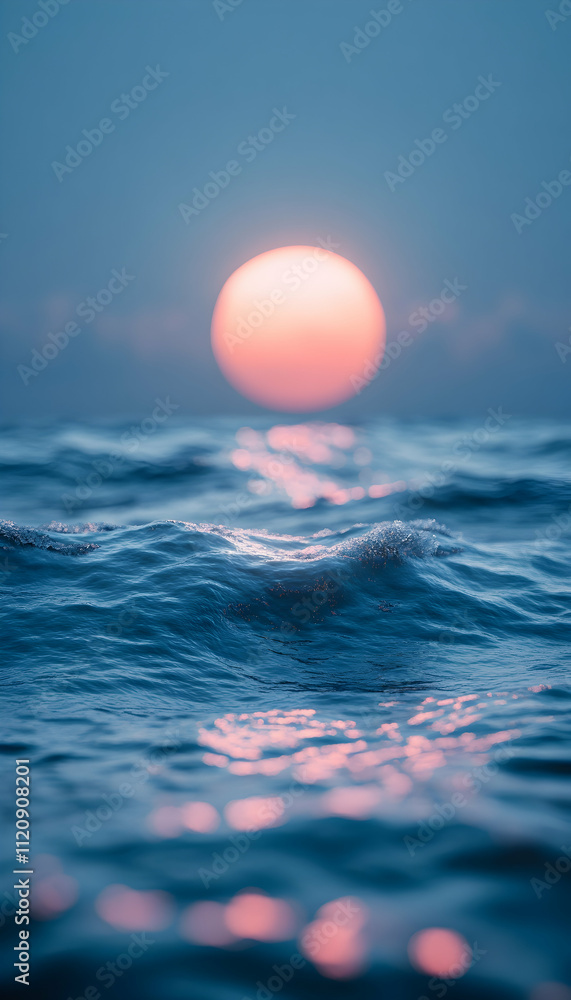 Calm ocean waves at sunset, pink sun reflection on water surface. Calm ocean waves at sunset, pink sun reflection on water surface.