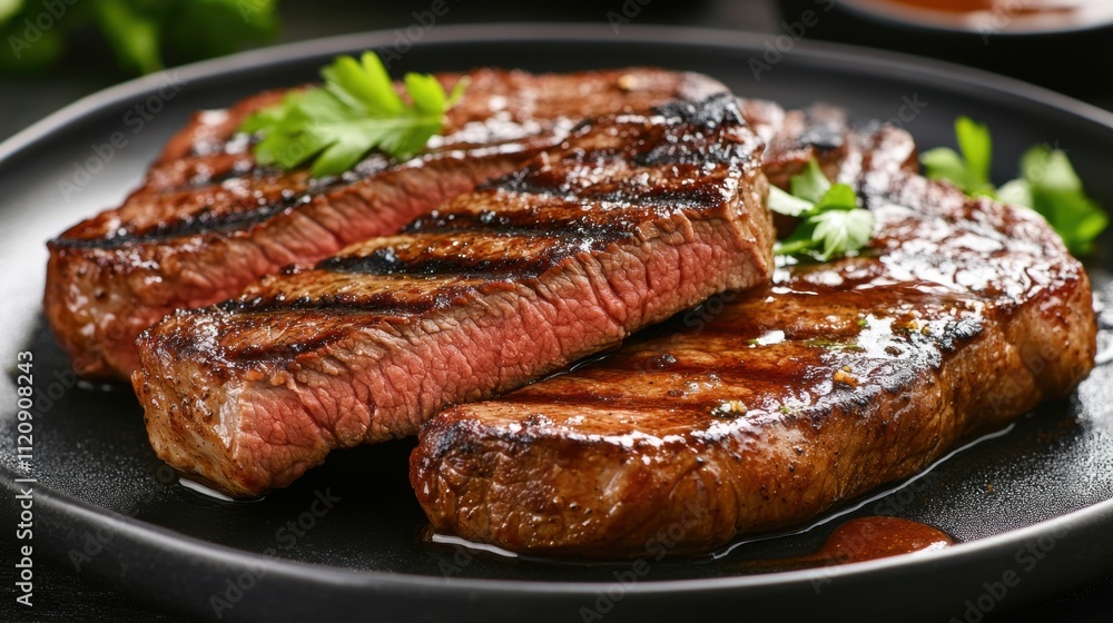 Tender steak slices rest beautifully on a dark plate, surrounded by fresh garnishes and glossy sauce accents. Tender steak slices rest beautifully on a dark plate, surrounded by fresh garnishes and glossy sauce accents.