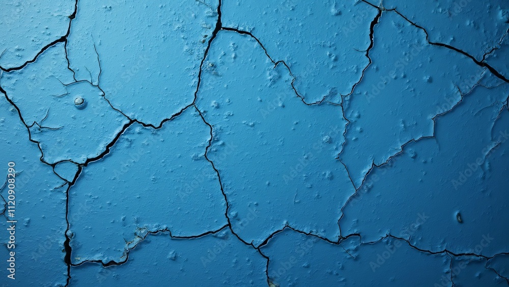Obraz premium Close-up Blue Cracked Wall Texture, Abstract Background with Right-Side Copy Space for Design Projects