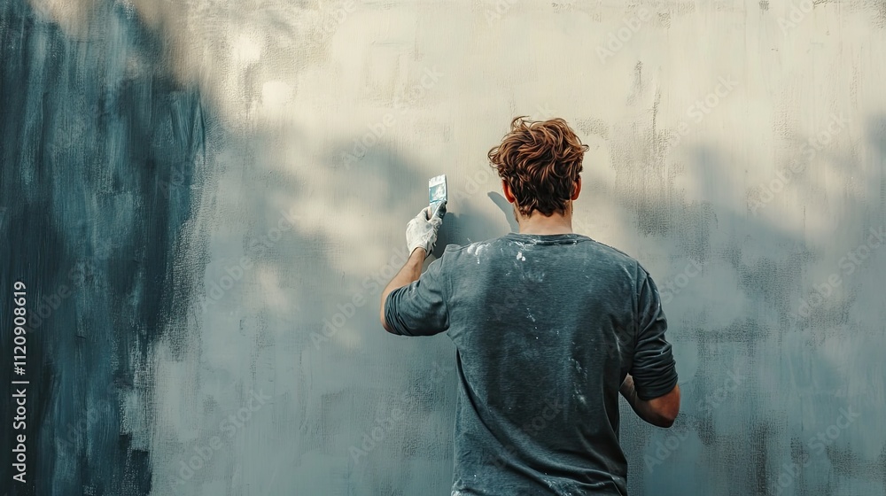 Obraz premium Man plastering a wall, back view.