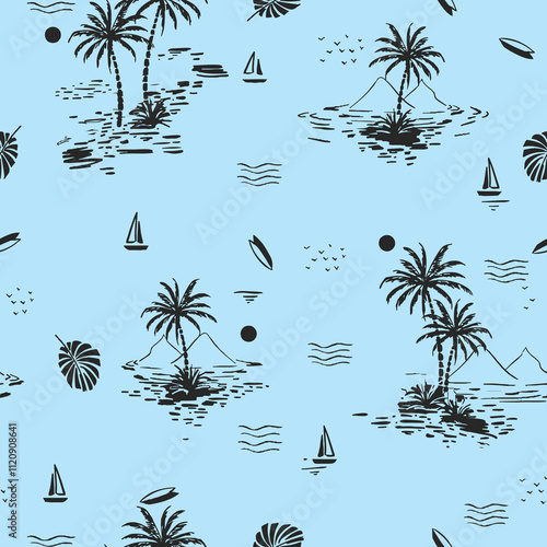 hand drawn summer palm tree coconut tree boat leaves sea ocean art illustration wallpaper, seamless pattern, repeat print, textile, fabric, vector artwork