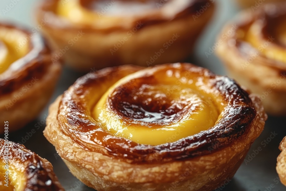 Golden-brown pastry filled with rich egg custard, perfectly baked. Ideal for food blogs, articles about Portuguese cuisine, or bakery websites. Golden-brown pastry filled with rich egg custard, perfectly baked. Ideal for food blogs, articles about Portuguese cuisine, or bakery websites.