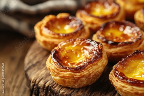 Golden-brown pastry tarts with rich egg custard filling, arranged on rustic wood. Perfect for food blogs, bakery websites, or dessert menus.