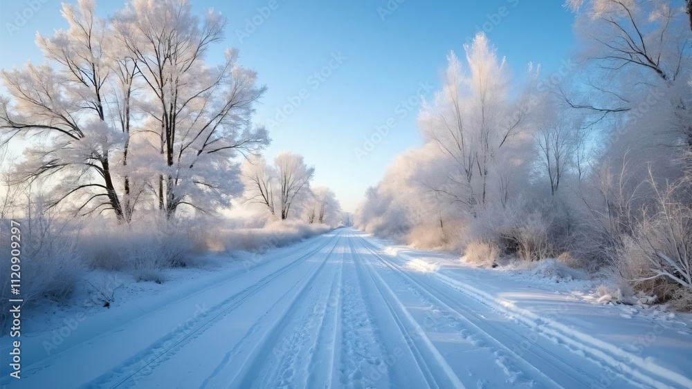 Serene Winter Landscape, Snow-Covered Road Through Hoarfrost-Covered Trees, Clear Blue Sky, High-Resolution Image Serene Winter Landscape, Snow-Covered Road Through Hoarfrost-Covered Trees, Clear Blue Sky, High-Resolution Image