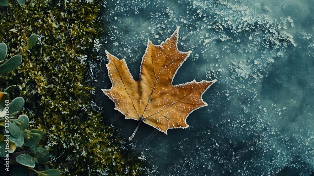 Frozen autumn maple leaf on frosty ground with moss.