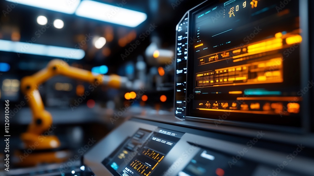 Futuristic Control Panel with Robotic Arm in Industrial Setting Futuristic Control Panel with Robotic Arm in Industrial Setting