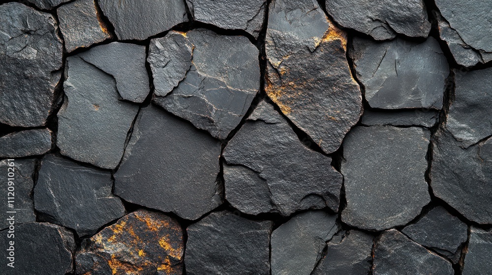 Fototapeta premium Textured black stone wall with irregular shapes 