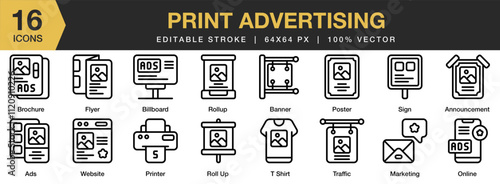 Print Advertising icon set. Editable Stroke Icon Collection. Includes Newspaper, Print, Publication, Articles, Announcement, Press, and More. Outline icons vector collection.