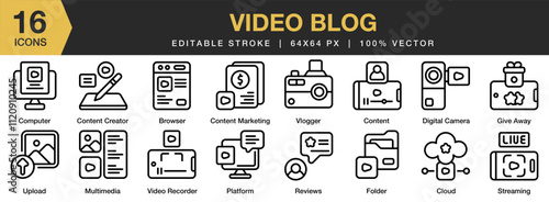 Video Blog icon set. Editable Stroke Icon Collection. Includes Action Camera, Influencer, Vlog, Vlogger, Youtuber, and More. Outline icons vector collection.