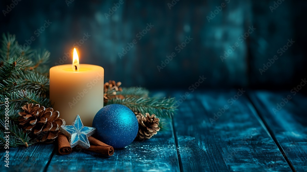 Christmas candle, pine, blue bauble, cinnamon, and pinecones on dark wood. Christmas candle, pine, blue bauble, cinnamon, and pinecones on dark wood.
