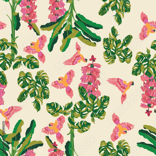 Seamless pattern of hand drawn pink bananas with parrot. Summer tropical garden banana plant leaves illustration background all over print to use textile, fabric, wallpaper, clothing, fashion