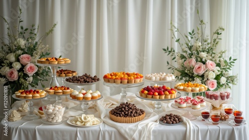 Wallpaper Mural Elegant White Wedding Dessert Table, Abundant Sweets, Cakes, Fruit Tarts, Pastries, Chocolate Fudge, Ice Cream, Meringues, and Floral Decor Torontodigital.ca