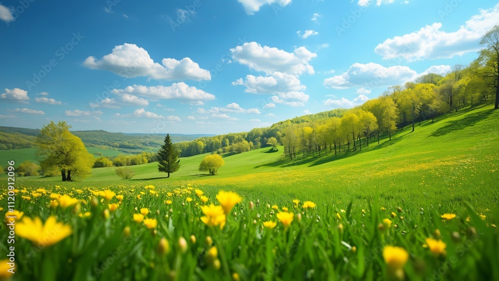 Stunning Spring Landscape, Rolling Green Hills, Yellow Flowers, and Blue Sky - Wide Angle View Stunning Spring Landscape, Rolling Green Hills, Yellow Flowers, and Blue Sky - Wide Angle View