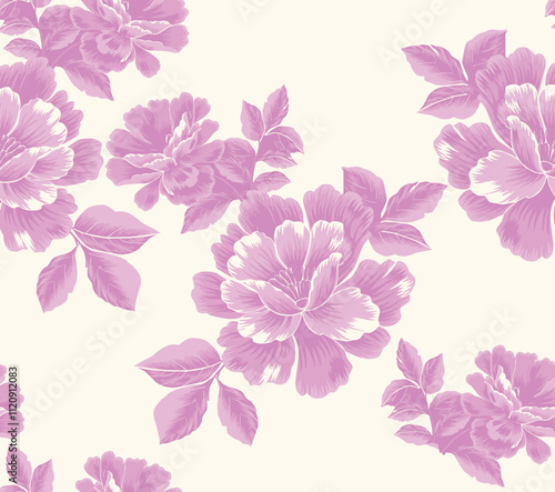 monochrome peony pink flowers floral illustration wallpaper background seamless pattern repeat print fashion clothing, fabric, textile, gift wrap, home textile, fabric vector artwork