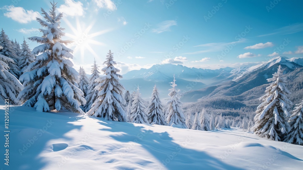 Majestic Winter Wonderland, Snow-Covered Pines, Sunlit Mountains Majestic Winter Wonderland, Snow-Covered Pines, Sunlit Mountains