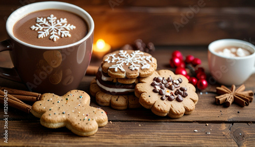 Wallpaper Mural Wooden background decorated with hot cocoa and cookies Generative AI Torontodigital.ca