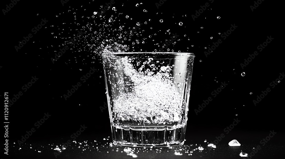 A glass filled with sparkling water splashing on a black background.