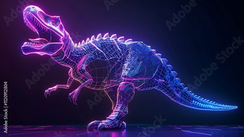 Fototapeta Naklejka Na Ścianę i Meble -  A detailed neon wireframe of a playful cartoon dinosaur roaring happily, with glowing spikes and vivid light accents. 8k UHD, suitable for high-quality printing or digital display. 