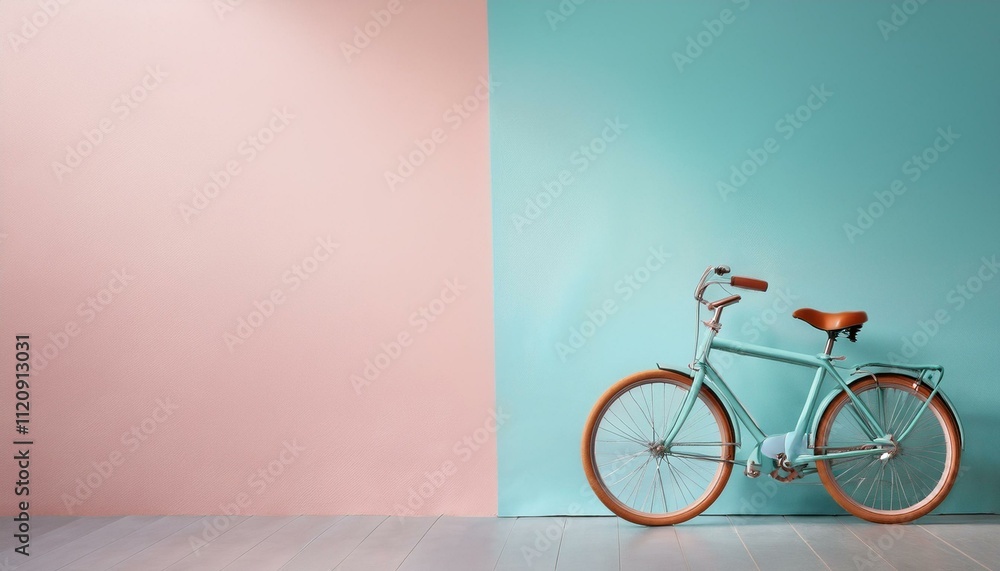 Fototapeta premium A classic bicycle leaning against a pastel-painted wall, with most of the space left intenti