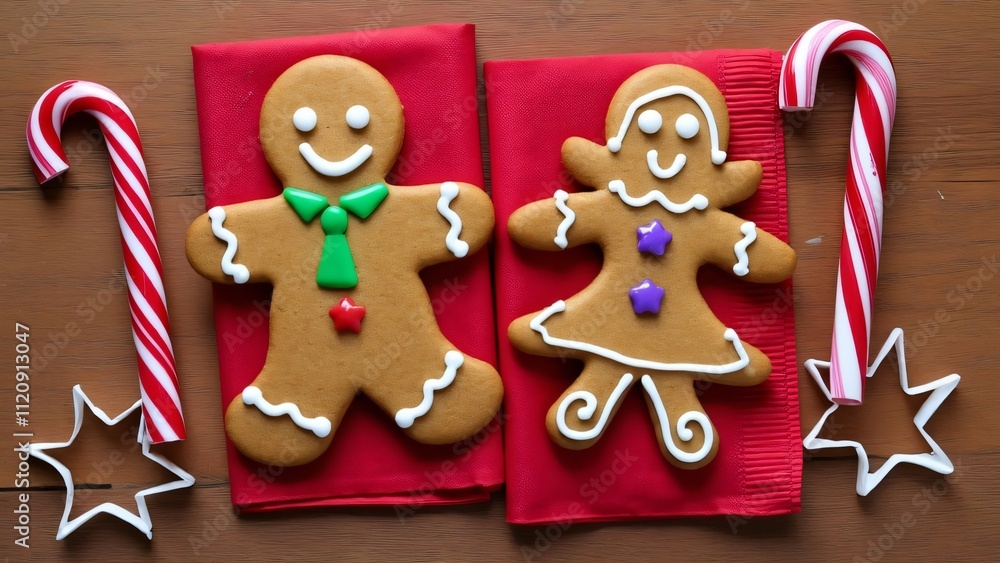 Fototapeta premium Adorable Gingerbread Man & Woman Cookies on Red Napkins with Candy Canes - Christmas Baking
