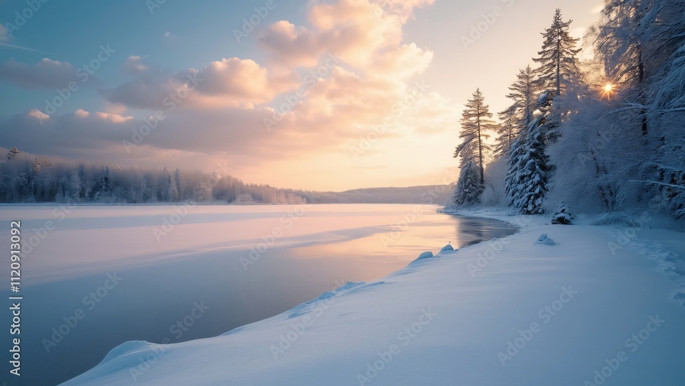 Serene Winter Wonderland, Golden Hour Frozen Lake and Snow-Covered Trees Serene Winter Wonderland, Golden Hour Frozen Lake and Snow-Covered Trees